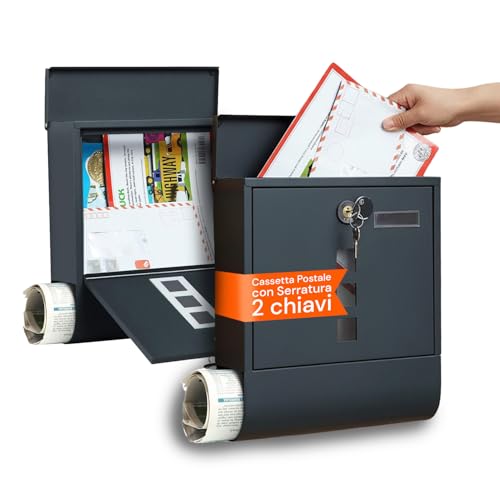 Avilia Cassetta Postale da Esterno in Acciaio Inox Impermeabile con Serratura e 2 Chiavi – Cassetta della Posta Antipioggia Anti-Ruggine, Design Moderno Grigio Antracite (10x34x30cm)