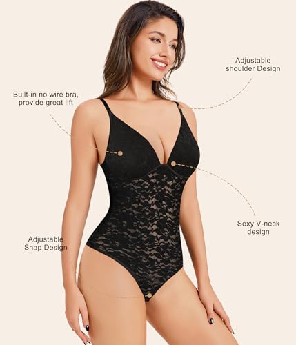 Irisnaya Lace Backless bodysuit Plunge Deep V Neck Body Suits with Built in Bra thong Tops4