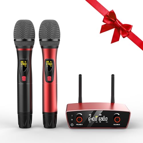 Wireless Microphone System for Karaoke Singing - Dual Wireless Mics, Handheld Dynamic Microphones, Adjustable UHF Channels, Auto Scan, 280ft Range, Microphone for Karaoke, Church, Wedding, Speech