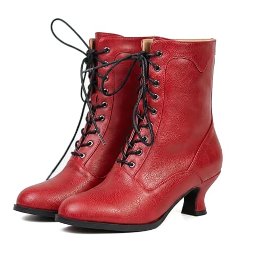 Image of Women's Victorian Ankle Boots - Mid Calf, Round Toe, Black Boots with Chunky Heel & Lace Up Detail