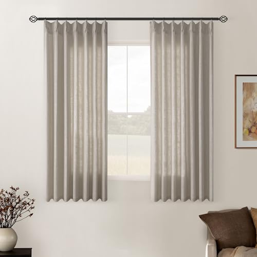 Image of Burlywood Birch Linen Kitchen Curtains 45 Inches Long 2 Sets Basement Curtains for Small Window Pinch Pleated Back Tab Linen Blend Short Boho Semi Sheer Back Tab Cafe Drapes for Bay Windows 40x45