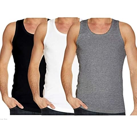 Gaffer Mens Vests 3 Pack Plain Tank Top Regular Fit 50% Cotton and 50% Polyester Sleeveless Basic Classic Multi Colour Underwear Athletic Muscle Gym Fitness Wear Multipack Black-Grey-White Larhe Cover