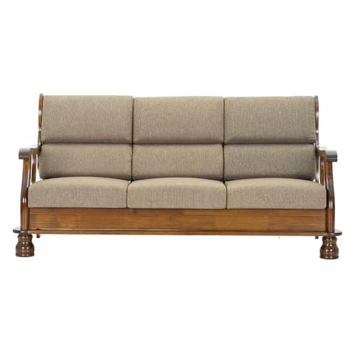 Image of Royaloak Melaka Wooden 3 Seater Sofa with Brown Colour Cushion | Solid Wood | Fabric Cushion Cover | Moulded Foam Cushions | Curved Arm Design | Durable & Long Lasting | Malaysian Collection