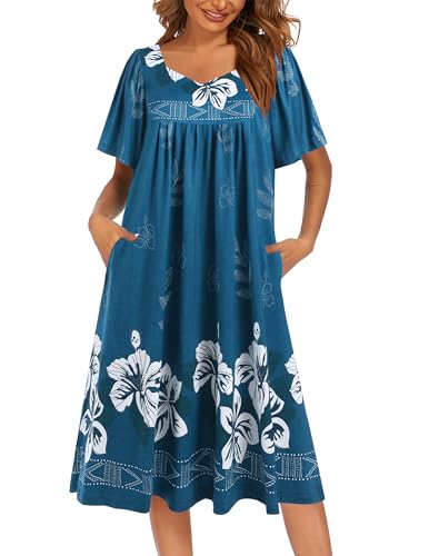 Image of Ekouaer Women's House Dress - Pleated Nightgown with Short Sleeves & Pockets
