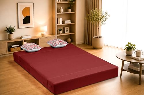 Image of Two Seater Sofa Cum Bed Jute Fabric 4 X 6 Ft| Space Saving Foldable Sofa Bed for Living Room & Guest Room | Comfortable Multi-Functional Furniture - Red