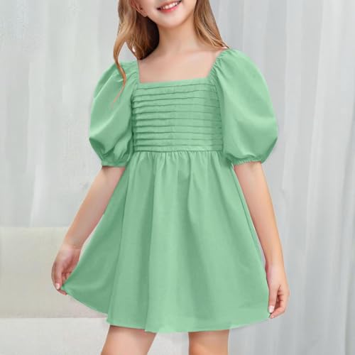 Girls 2025 Summer Dresses Cute Puff Short Sleeve Mini Dress Square Neck Party Casual Dress Smocked Swing Dress 3-12 Y2