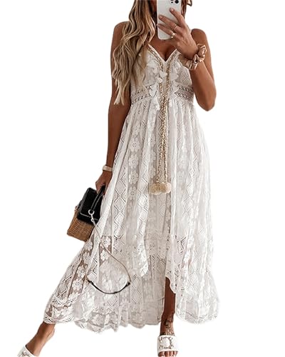 Image of Kfsghdnz Women's Boho Lace Maxi Dress V Neck Tassel Trim Spaghetti Strap A-Line Irregular Hem Flowy Sundress for Summer Beach Holiday (White A, L)