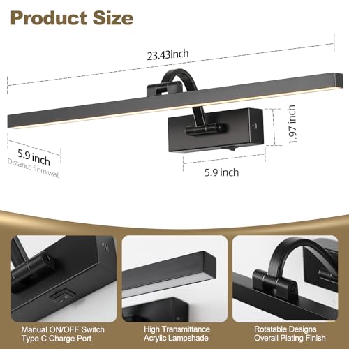 Image of Wireless Picture Lights for Wall,23.5 Inch Black Art Light for Paintings,Battery Operated Picture Lights with Remote Control,Dimmable Rechargeable Art Lamps for Picture Frame,Gallery