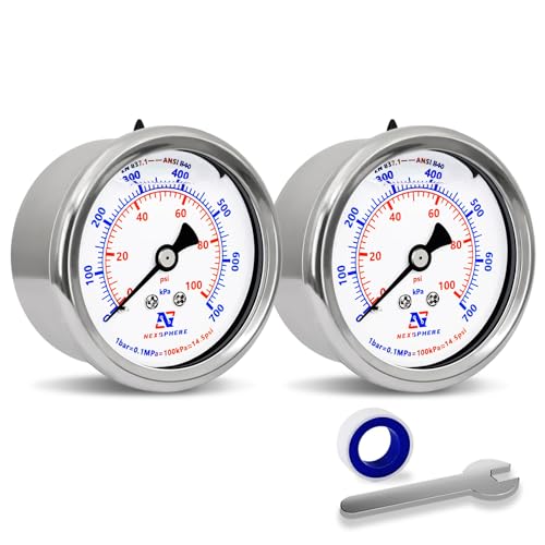 NexSphere [2 Pack] 100 psi Water Pressure Gauge, 2'' Dial Size Liquid Filled Pressure Gauge, 304 Stainless Steel Case, 1/4" NPT Back Mount, Brass Connection, IP67 Waterproof by NexSphere - Used condition - US$11.05