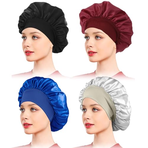 ABirdon 4 Piezas Gorro de Satén Seda para Mujer para Dormir para Cabello Rizado y largo Natural, Gorro de Noche para Mujer Gorros de Noche para el Cuidado del Pelo