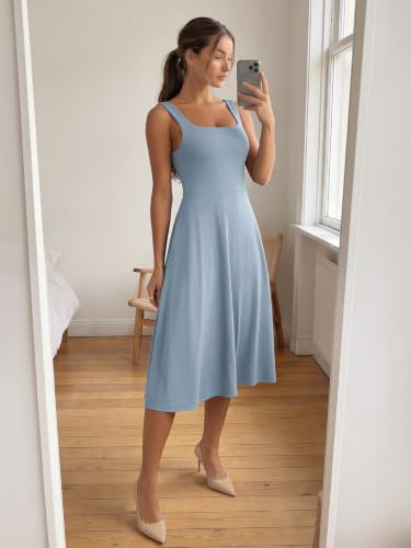Image of ODODOS Square Neck Midi Dress with Pockets for Women Summer Casual Sleeveless Sundress Flare Tank Dress