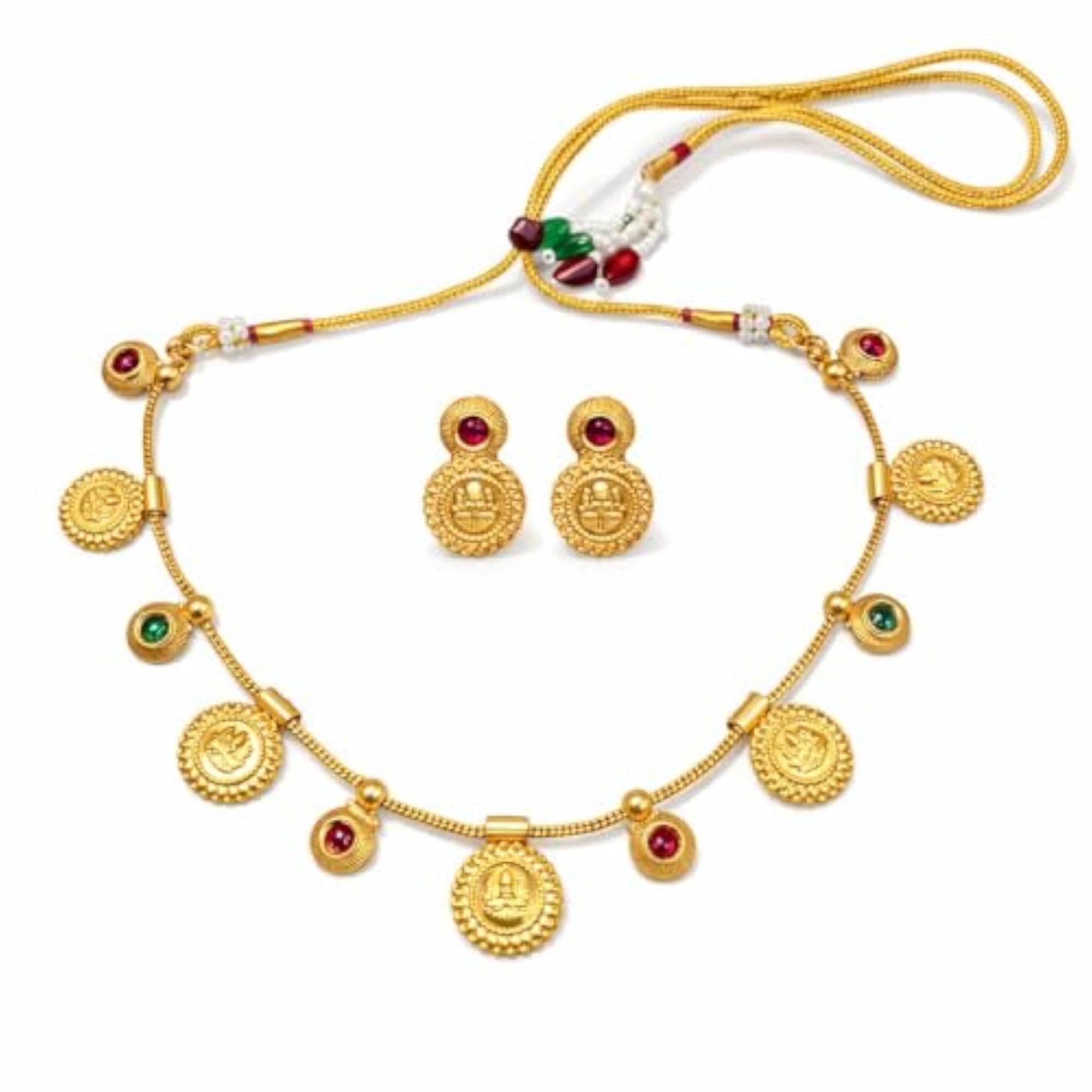 Women's Gold Brass & Copper Temple Coin Necklace Set with Lakshmi Pendant
