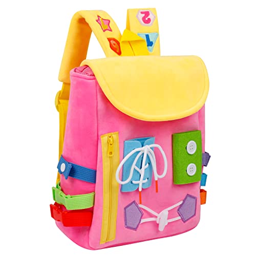 Image of Busy Board - Toddler Backpack with Buckles and Learning Activity Toys - Develop Fine Motor Skills and Basic Life Skills - Learn to Tie Shoes - Children's Travel Toy (Pink)