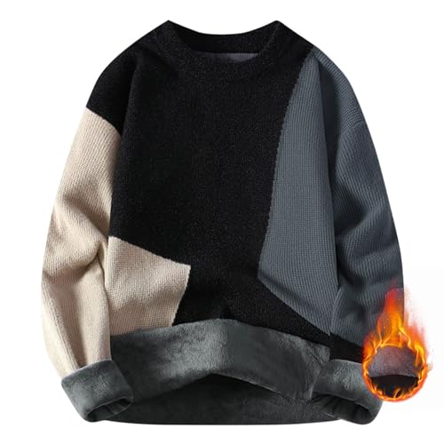 Mens Color Block Patchwork Sweater Cable Knit Chunky Long Sleeve Winter Fleece Casual Warm Knit Pullover Sweaters2