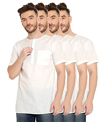 Image of LATEST CHIKAN Men's Cotton Straight Round Neck Summer Cool White Short Kurta Half Sleeves
