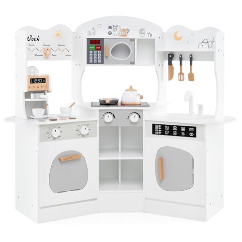 GLACER Play Kitchen, Corner Toy Kitchen w/Sound & Light, Washing Machine, Coffee Maker, Oven, Sink, Storage Shelf, Cook Accessories, Pretend Kids Kitchen Playset, Gift for Boys Girls Aged 3+ (White)