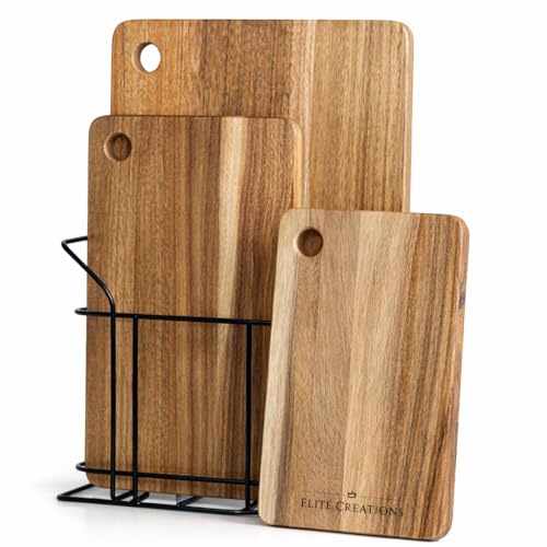 Premium Acacia Wood Chopping Board Set - 3 Thick Wooden Chopping Boards with Metal Stand, Ideal for Meat, Vegetables, Cheese and Bread, Also a Serving Board, Wooden Tray, Cutting Board, Charcuterie