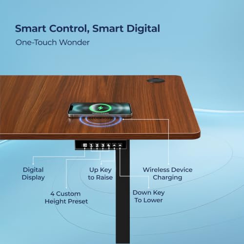 Image of The Sleep Company AeroPro Electric Height Adjustable Desk | Ergonomic WFH Table | 4 Memory Presets | Wireless Charging | 2 Yr Warranty | 1200x600 Top | Free Installation | Wooden & Black