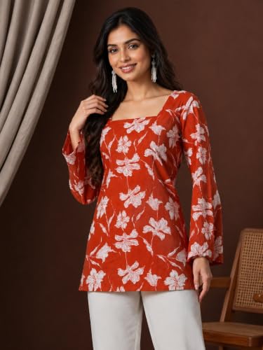 Image of Rayon Floral Print Short Kurti for Women | Square Neck Long Sleeve Top for Women | Criss Cross Back Desing Kurti | Soft Breathable Fabric | Relaxed Fit | Casual and Office Wear