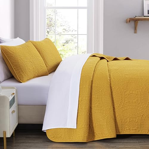 Image of Chezmoi Collection Austin King Bedspread Set 3-Piece Pinsonic Quilted Oversized Bedspread Coverlet Set, King, Mustard