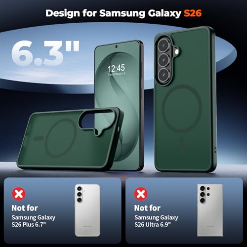 Image of SUPFINE Magnetic for Samsung Galaxy S26 Case with Screen Protector, (Built-in Magnets) (Military Grade Drop Protection) Slim Translucent Shockproof Phone Case,Forest Green