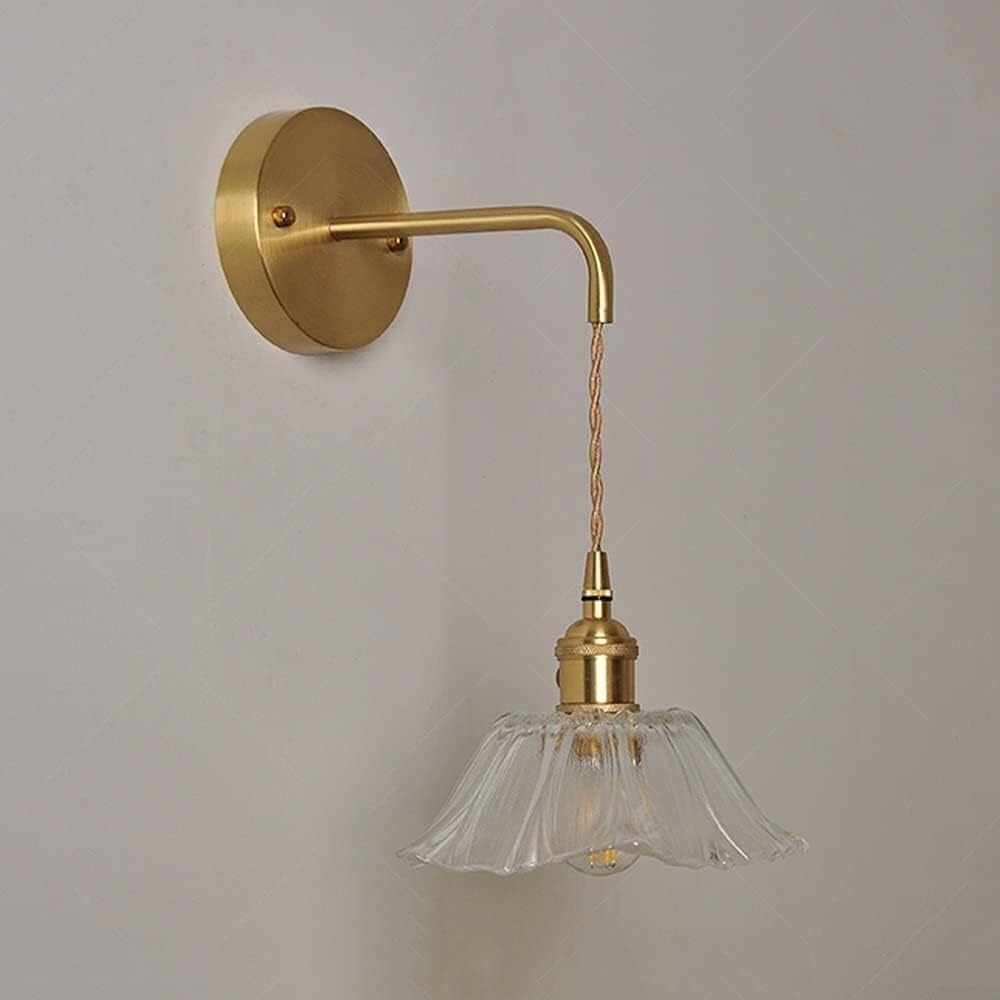 VUCICA Pink Glass Flower Shade Gold Farmhouse Wall Mount Light Vintage Brass Wall Sconce Purple Clear Glass Nordic Modern Hanging Wall Lamp for Living Room Girls Bedroom Bedside Porch Restaurant (Col