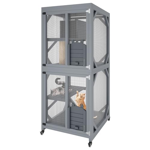 Outdoor Catio Enclosure on Wheel, 68" Large Catio Outdoor Cat Enclosure with Weatherproof Asphalt Roof & Sliding Doors, Wooden Cat Condo Cage Shelter Playpen with Napping House & 4 Jumping Platforms