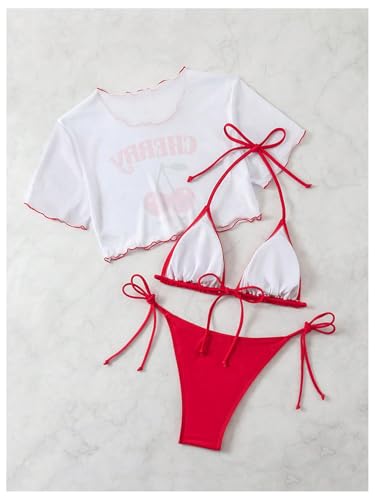 MakeMeChic Women's Bikini Sets Triangle Halter Tie Back Swimsuit with Cherry Printed Coverup Tops2