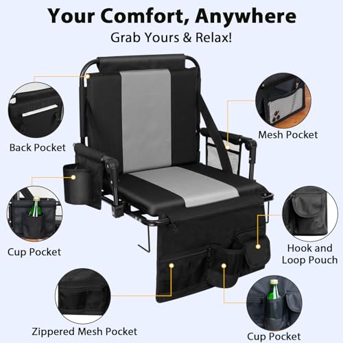 Romswi Folding Stadium Seat Bleacher 2PK Portable Outdoor Floor Folding Stadium Chair with Armrest,Back Support,Cup Holder,Mesh Bag and Hide Hooks