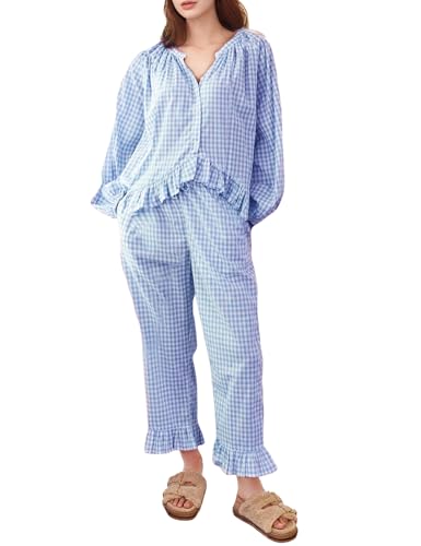 Womens Gingham Pajama Set 2 Piece Plaid Button Down Puff Long Sleeve Babydoll Shirt and Pants Y2K Pjs Lounge Set Fall Outfits