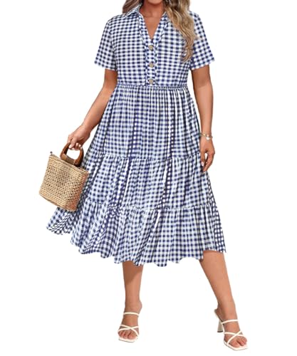 Image of CARCOS Plus Size Dresses for Curvy Women Collared Vneck Short Sleeve Dresses Midi Summer Ruffle Dress with Pocket XL-5XL