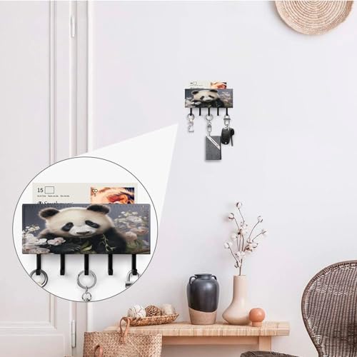 Soporte para llaves de pared contra el desorden de cartas con 5 ganchos Panda rústico 5