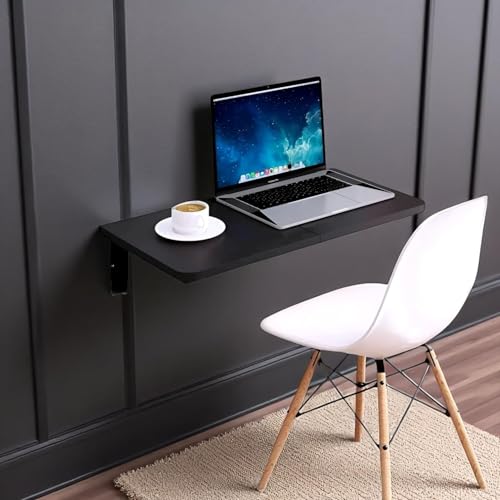 Image of Floating Desk for Home, Office, Study, Kitchen, and Dinner Computer Bar Laundry Room Wall Mounted Folding Table Wall Mounted Folding Desk for Space Saving (Black 2)