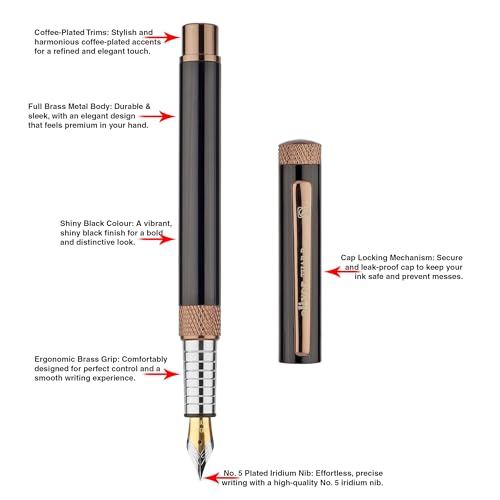 Image of Oliver Thar Roxx Matte & Shine Fountain Pen - Glossy Black /Coffee Trims, Full Brass Body, 0.6mm Cardinal Refill, Gift T Box