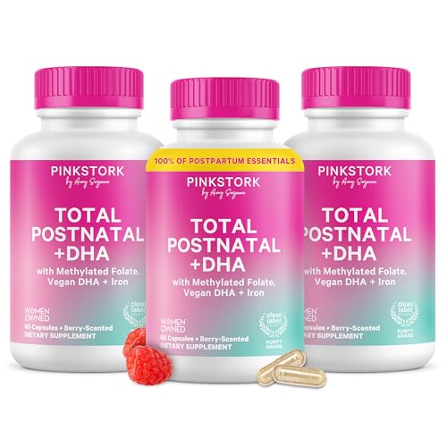 Pink Stork Total Postnatal Vitamins for Women with Vegan DHA, Iron, Folate, and Vitamin B12, Postpartum Recovery Essentials, Daily Supplement for Breastfeeding Moms - 3 Month Supply
