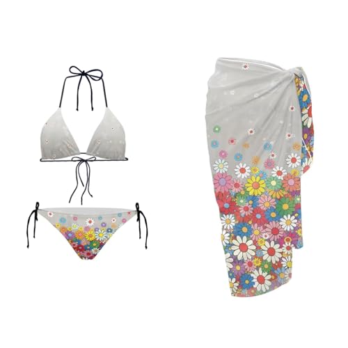AFPANQZ Hippie Flower Luxury Swimwear Set: Bikini + Cover Up Dress - Tummy Control Design & UPF Protection, Best Gift for Her (Check Size Chart)