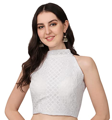 Image of Pujia Mills Women's Halter Neck Chickenkari Work Readymade Saree Blouse