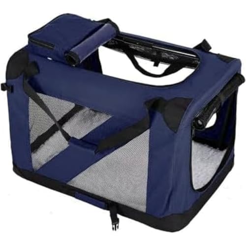「NexPon」ペット ソフトクレート ケージ ペットキャリー ペットハウス 車載用、高強度、オックスフォード布、カバー取り外せる 4面メッシュ出入口 ソフトクレート ペットキャリーバッグ 犬猫兼用 室内休憩、車での旅行、病院、キャンプ (ネイビー,L)