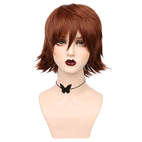 YOGFIT Short Brown Wig for Women Chin-Length Wavy Wig with Bangs and Fanned Ends Natural Looking Heat Resistant Fiber Hair
