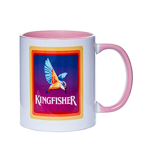 WEEL-KNIT Kaffeetasse mit farbiger Innenseite und Griff, Kingfisher-Symbol, Reise-Kaffeetasse für Männer und Frauen, 325 ml, Keramik-Teetasse, inspirierende Geschenke, doppelseitiger Druck, rosa Cover
