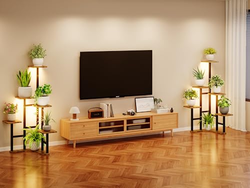 Image of Yzosvki Corner Plant Stand Indoor with Grow Lights Set of 2, 6 Tiered Corner Plant Shelf Flower Stand for Multiple Plants, Plant Shelves Organizer Rack, Square Rustic Brown
