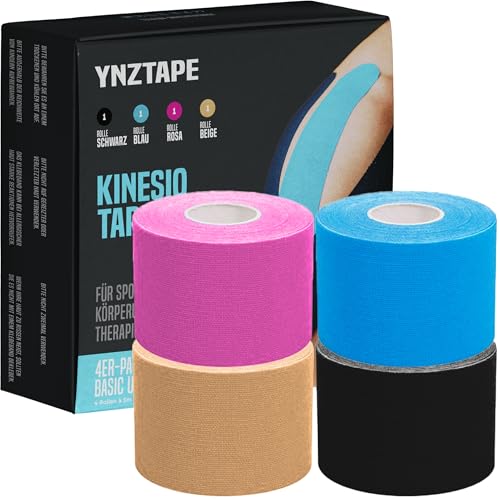 Kinesiotapes - 4 Rollen (5m x 5cm) – Kinesiologie Tape für Knie, Schulter & Handgelenk – Wasserfest, Hautfreundlich & Selbstklebend – Physiotherapie & Muskelunterstützung (Blau, Rose, Beige, Schwarz)