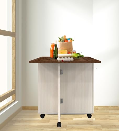 Image of SPECIALITY PANELS Folding Dining Table with Storage, 6 Seater, Brown Wood Top with Cream Base, 149x74x76 cm, Space Saving Kitchen Table on Wheels
