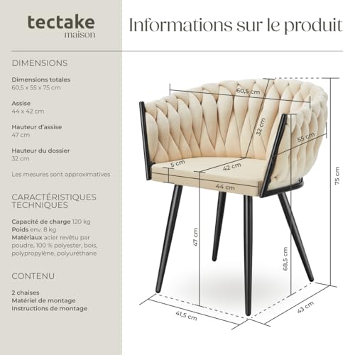 Lot de chaises de salle à manger rembourrée avec revêtement en velours et design noué sable - vue 3