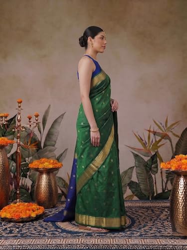 Image of Flosive inchRoyal Tradition Green Banarasi Jacquard Cotton Saree with Golden Zari Border inch