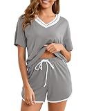 Becotal Schlafanzug Damen Kurz Baumwolle Kontrastfarbe Pyjama Set Sommer Shorty Nachtwäsche V-Ausschnitt Top und Short, S-XXL Grau M