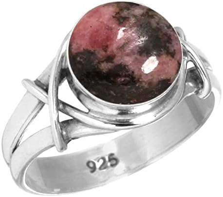 JEWELOPORIUM Pink Rhodonite Silver Ring Size 6.5, 925 Sterling Silver Ring for Women, Genuine Round Gemstone Handmade Jewelry