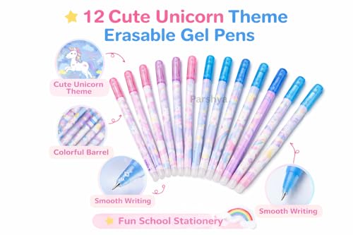 Image of KiddieWorld 12 Pcs Unicoorn Theme Erasable Gel Pens Set for Kids & Students | 0.5mm Smooth Writing Blue Ink | Cute Kawaii School Stationery | Write Erase Rewrite Pens for School, Return Gifts