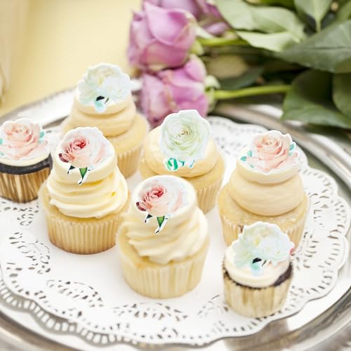 Gyufise 48Pcs Rose Edible Cupcake Toppers Edible Rose Flower Cake Decoration Wafer Paper Rose Cupcake Picks for Baby Shower Wedding Bridal Birthday Anniversary Party Decorations Supplies White - Thumbnail 5