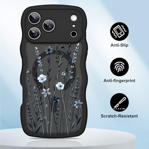 OOK Magnetic Case Fit for iPhone 17 Pro Max 6.9 Inch (Compatible with MagSafe) Curly Wave Frame Phone Cover with Floral Flowers Anti-Scratch Shockproof Protection Case for Women - Black by OOK - Image 5